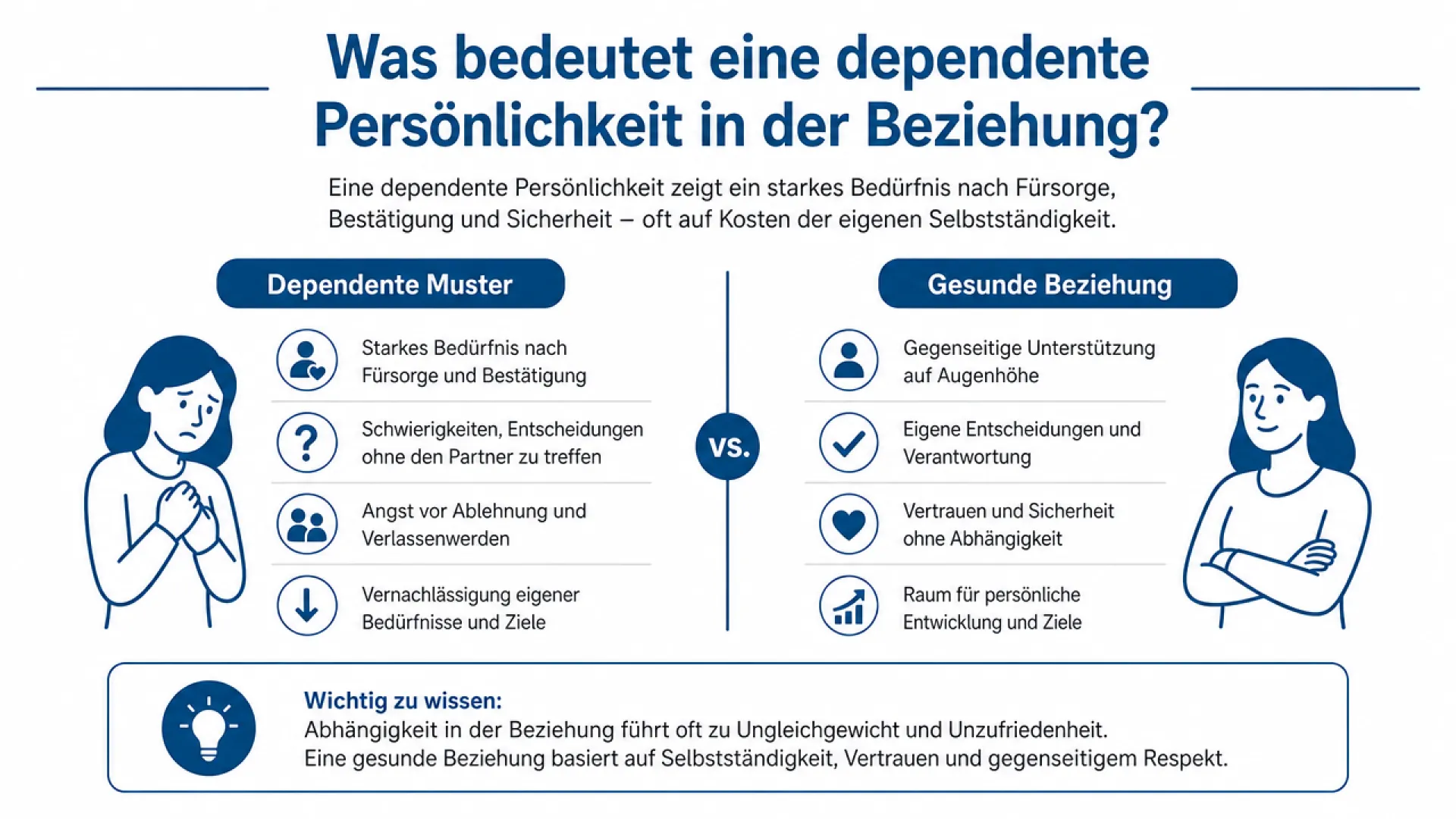 Infografik an einer Glaswand, die Persönlichkeitsstil und Störung bei einer dependenten Persönlichkeit vergleicht.